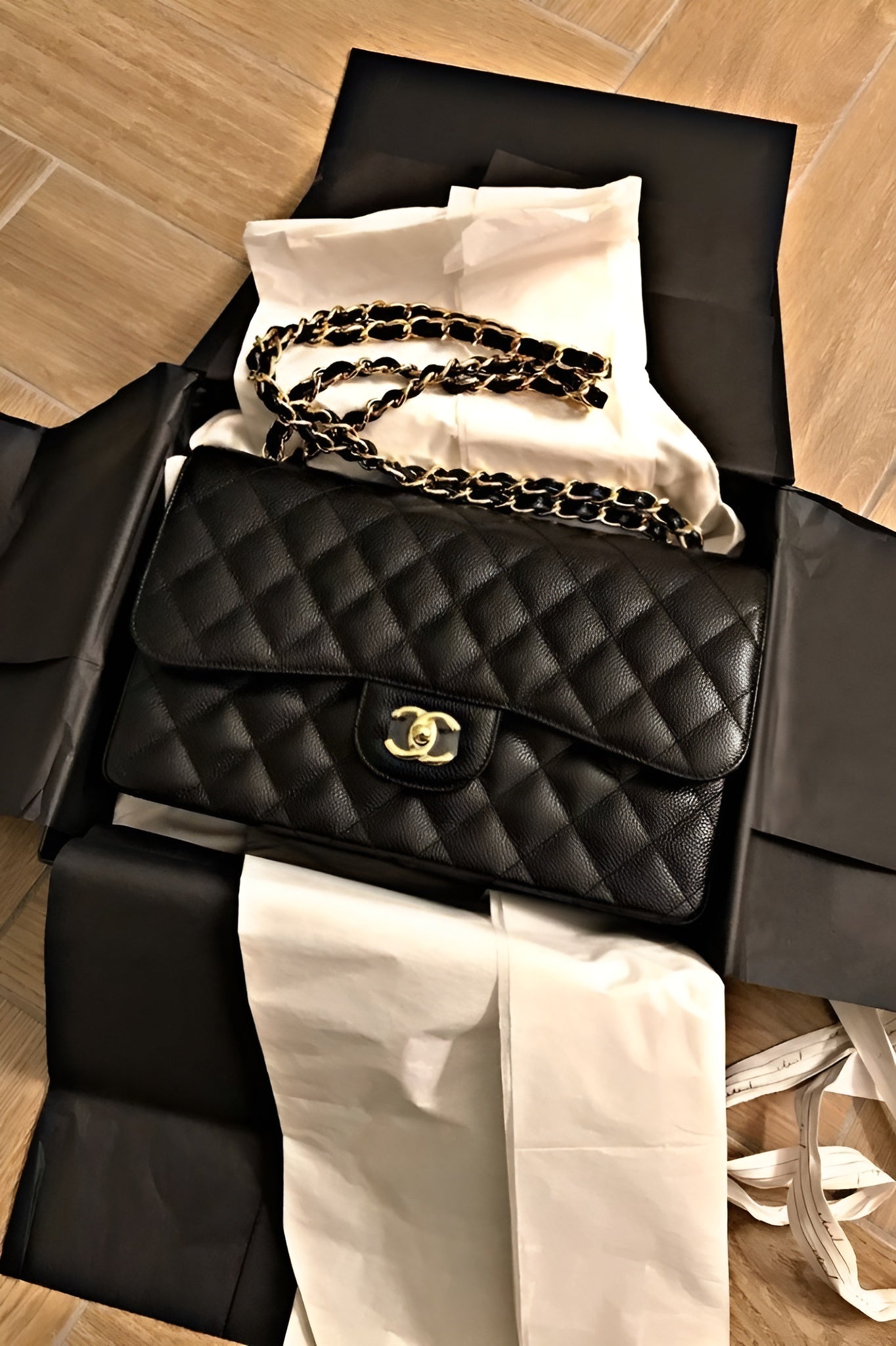 CHANEL Classic Double Flap Bag Black Quilted Leather Hand Bag