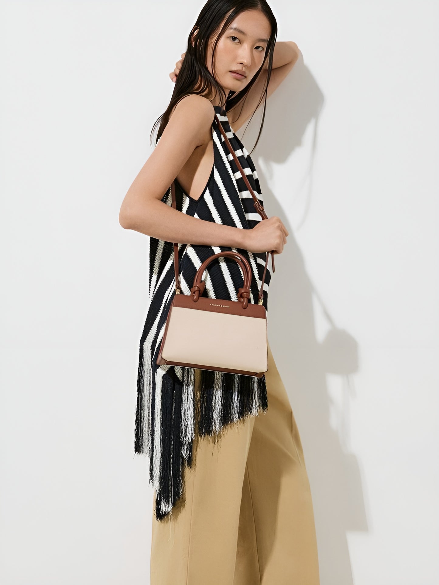 CHARLES & KEITH Taupe Harper Structured Top Handle Bag